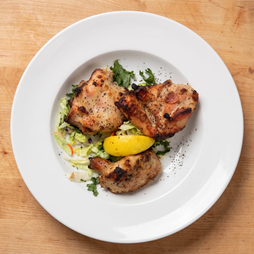 Three pieces of grilled chicken with lemon and greens on a white plate.