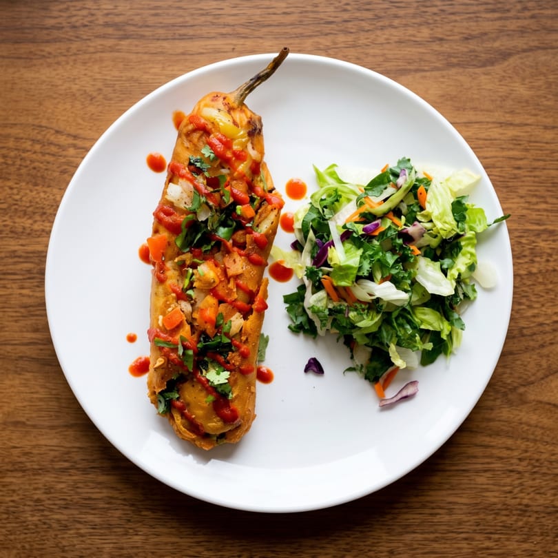 Stuffed chili pepper with red sauce and cilantro, served with a fresh green salad.