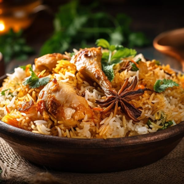 A rustic bowl of chicken biryani with chicken pieces, rice, star anise, and fresh herbs on a wooden table.