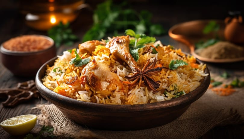 A rustic bowl of chicken biryani with chicken pieces, rice, star anise, and fresh herbs on a wooden table.